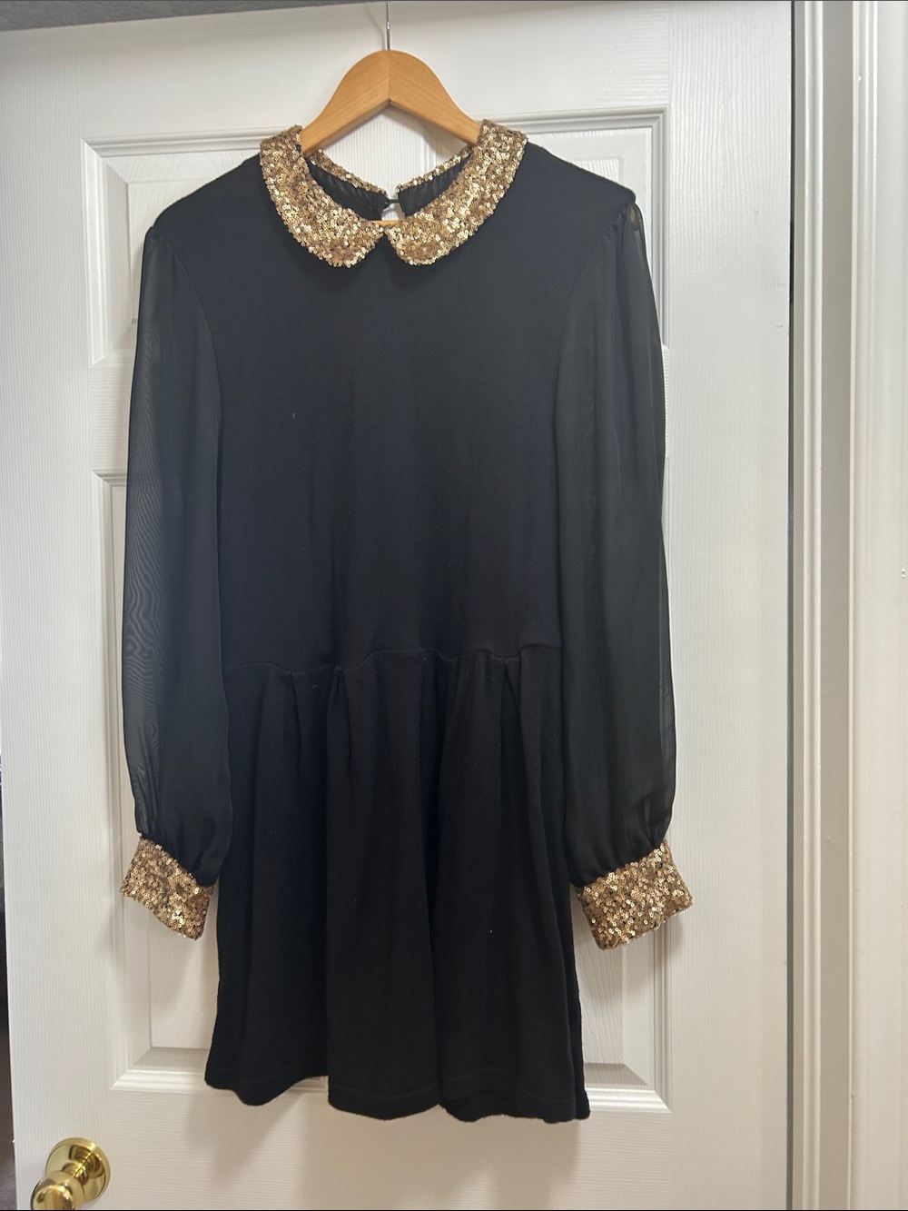 Black Party Dress with Gold Sequin Collar and Cuffs